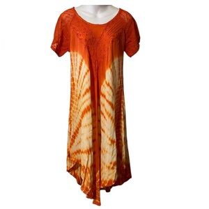 S.R. Fashion Boho Orange Tie-dye Embroidered Beach Swimsuit Pool Coverup Dress M